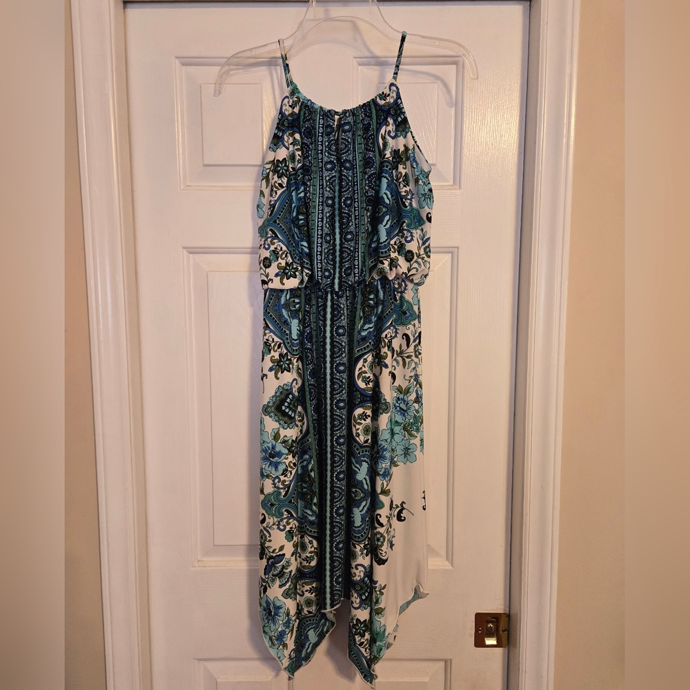 Enfocus Studio White Maxi Dress with Blue and Teal Paisley Print